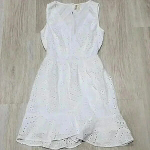 Japna Women's Sleeveless Elastic Waist Ruffle Lined Eyelet Dress White Medium